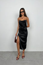 Thin Strap Satin Black Dress