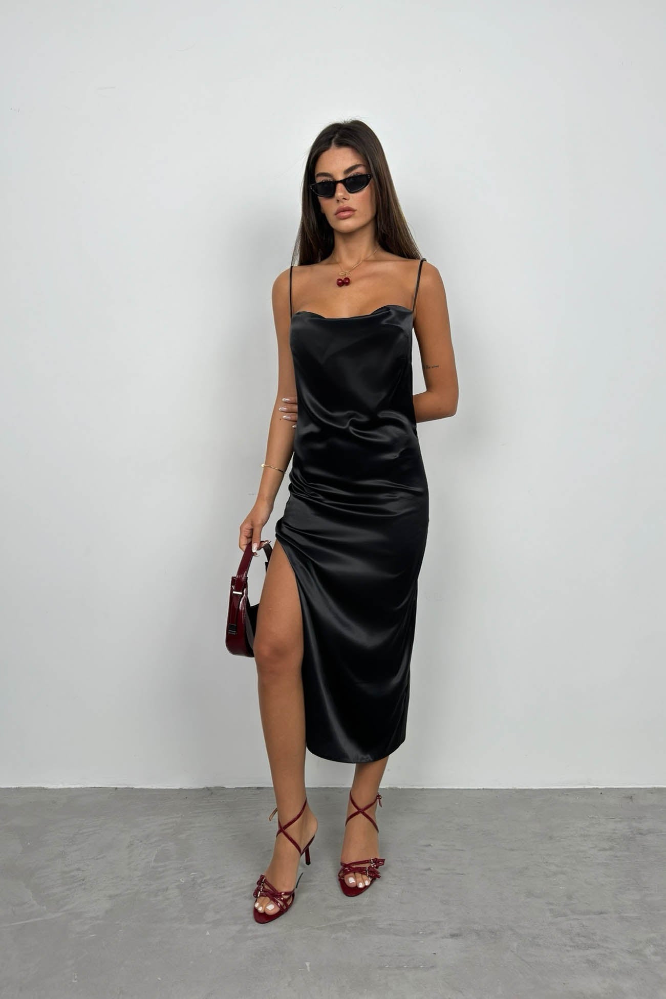 Thin Strap Satin Black Dress