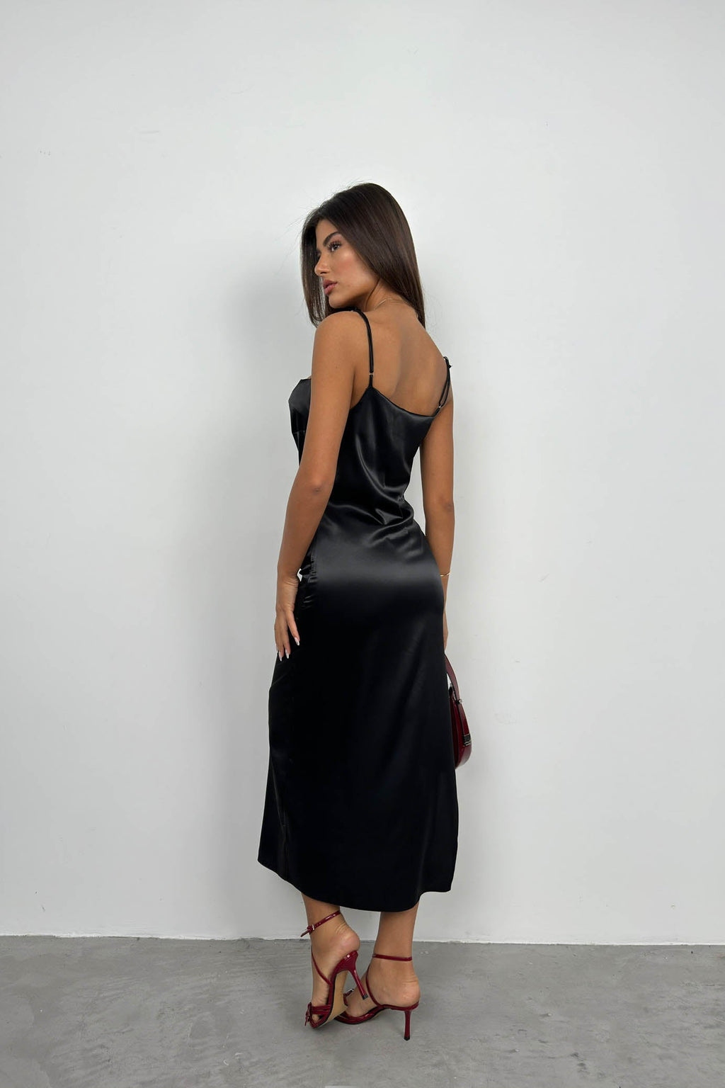 Thin Strap Satin Black Dress