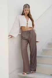 Thin Belted Lace Detail Brown Trousers