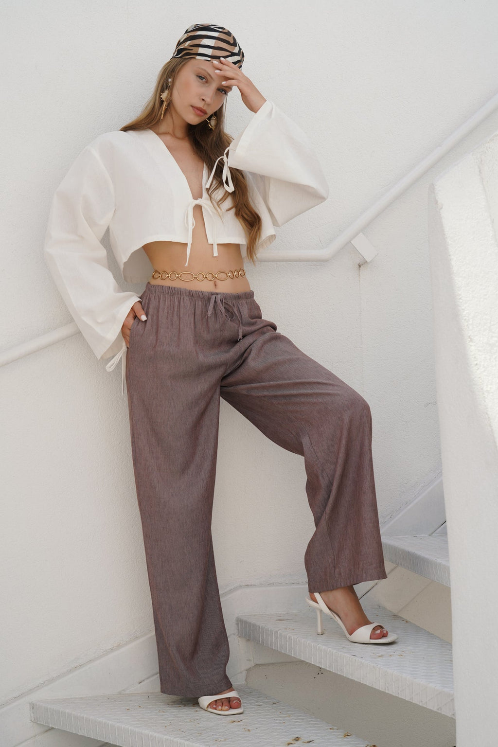 Thin Belt Tie Detail Brown Pants