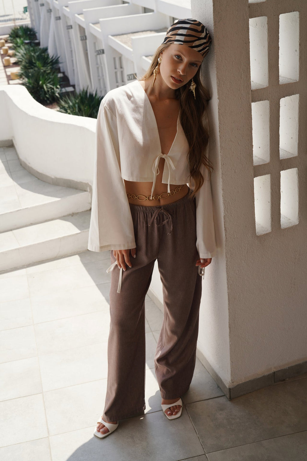 Thin Belt Tie Detail Brown Pants