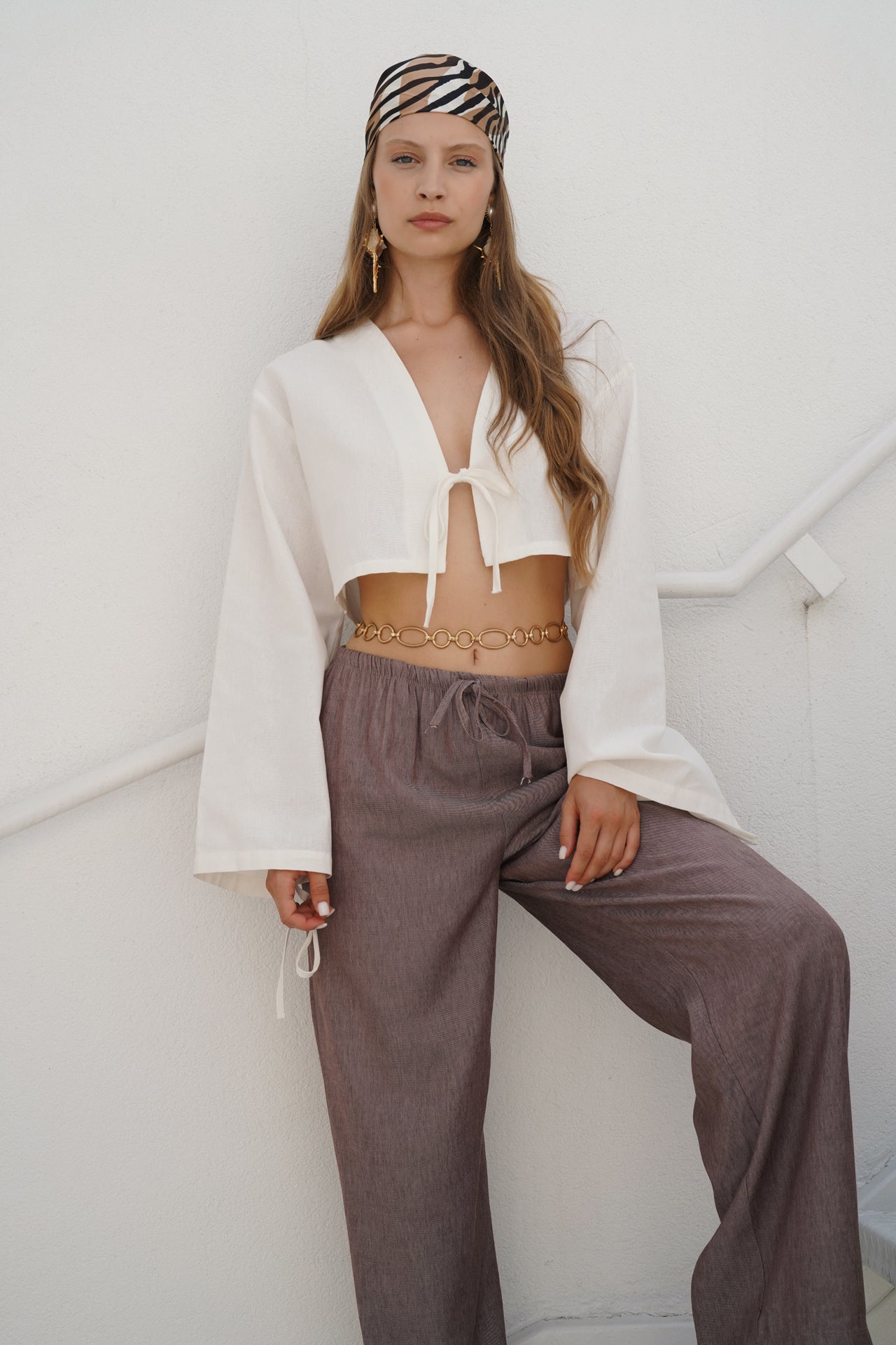Thin Belt Tie Detail Brown Pants
