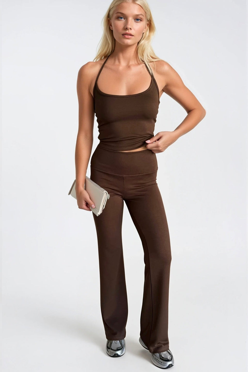 Spaghetti Strap Blouse Wide Leg Pants Brown Two-Piece Set