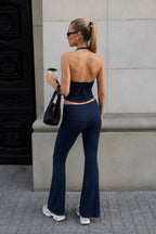Spaghetti-Strap Blouse Wide Leg Trousers Two-Piece Navy Set