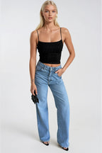 Spaghetti Strap Stone Detail Black Blouse