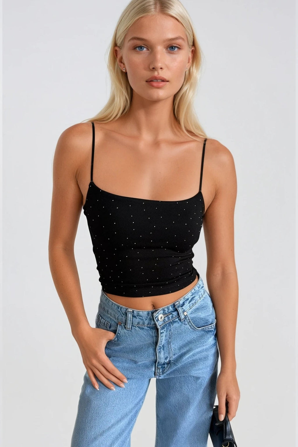 Spaghetti Strap Stone Detail Black Blouse