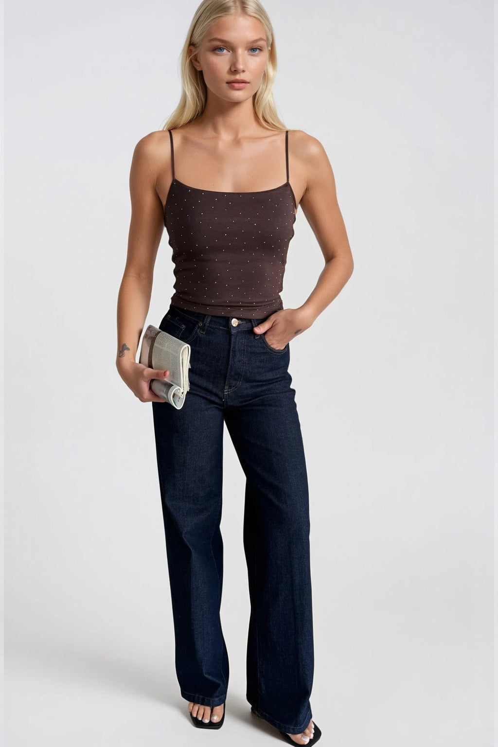 Spaghetti Strap Stone Detail Brown Blouse