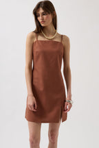 Spaghetti Strap Slit Detail Linen Mini Brown Dress
