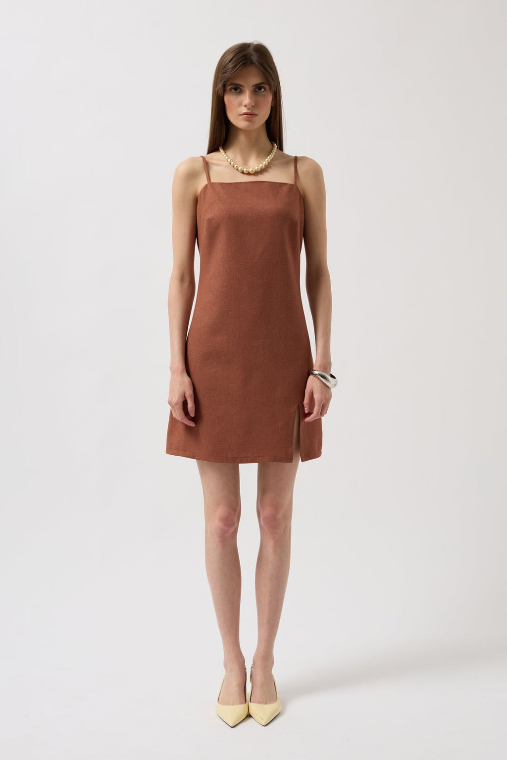 Spaghetti Strap Slit Detail Linen Mini Brown Dress