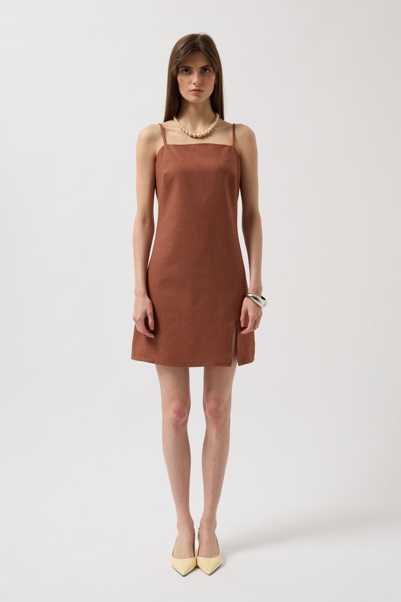 Spaghetti Strap Slit Detail Linen Mini Brown Dress