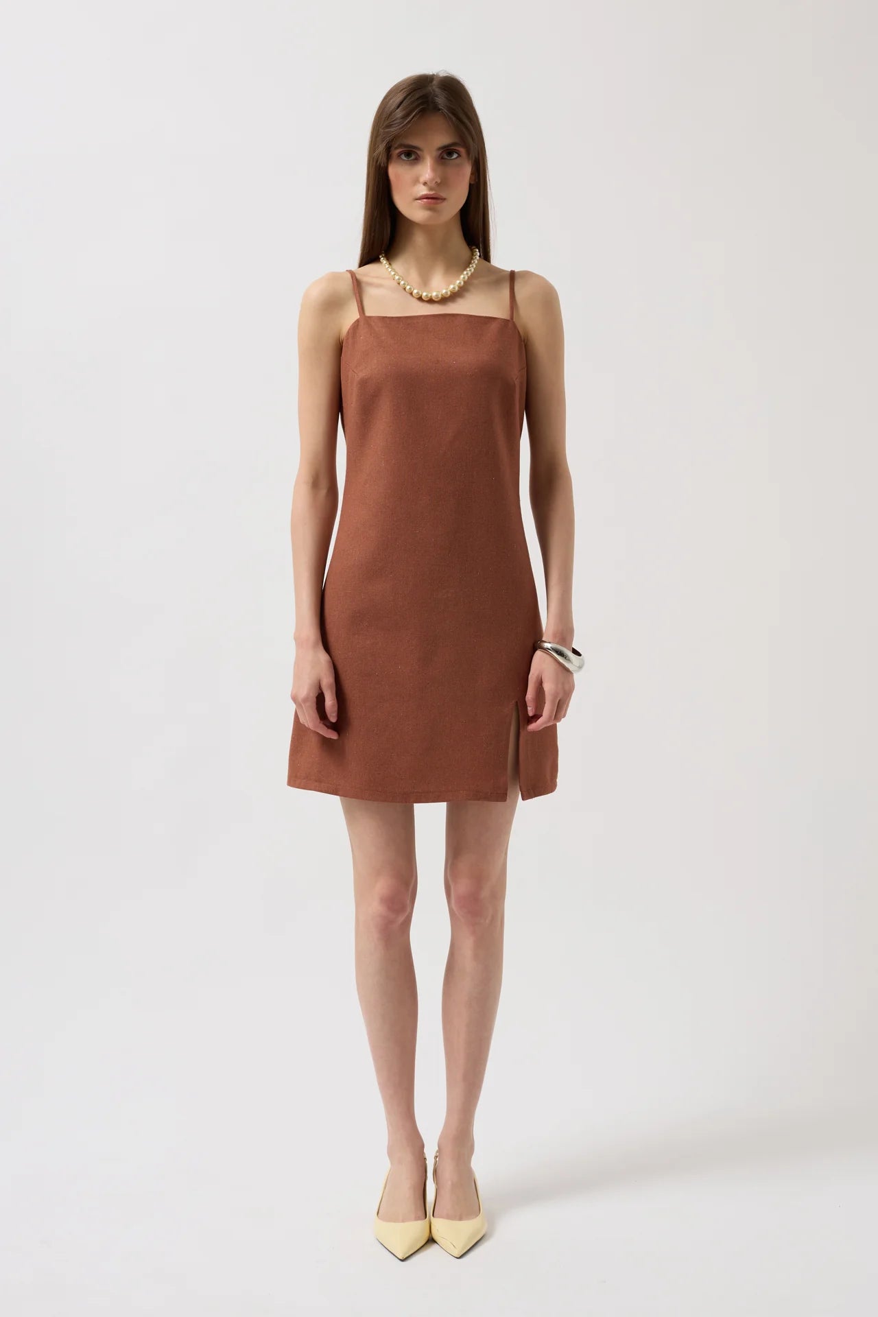 Slit Detailed Linen Mini Brown Dress with Rope Straps