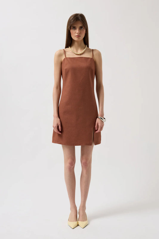 Slit Detailed Linen Mini Brown Dress with Rope Straps