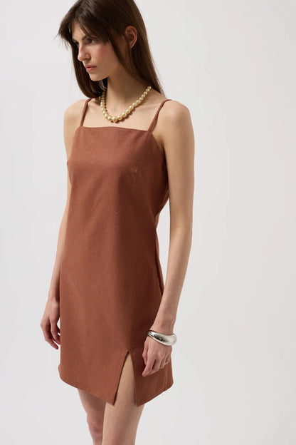 Slit Detailed Linen Mini Brown Dress with Rope Straps