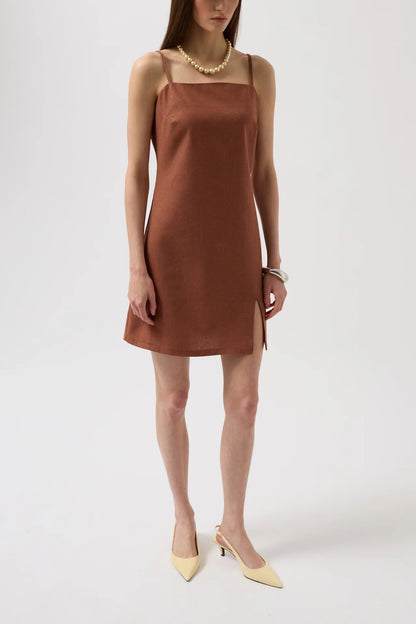 Slit Detailed Linen Mini Brown Dress with Rope Straps