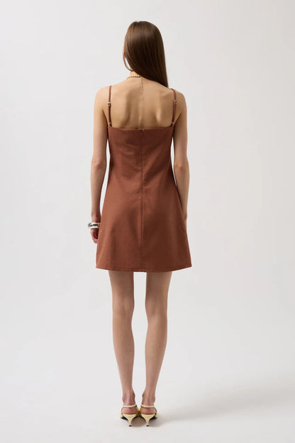 Slit Detailed Linen Mini Brown Dress with Rope Straps