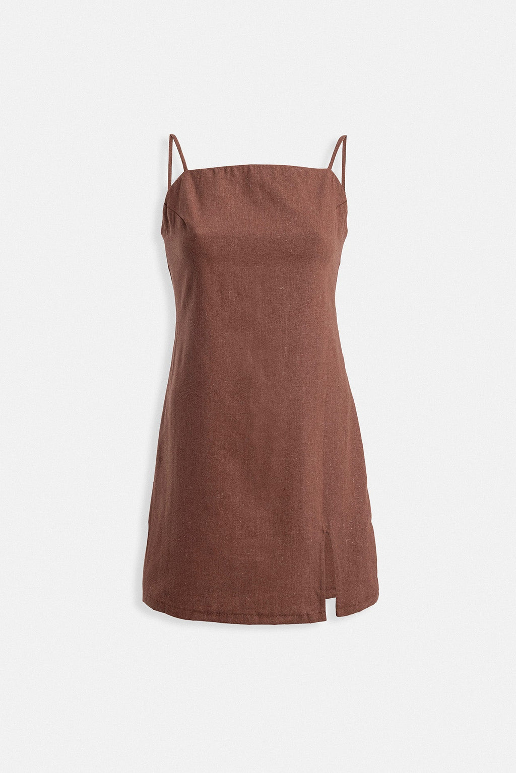 Spaghetti Strap Slit Detail Linen Mini Brown Dress