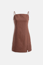 Spaghetti Strap Slit Detail Linen Mini Brown Dress
