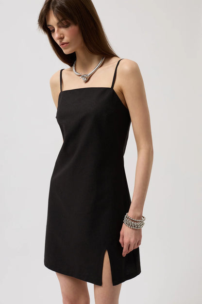 Slit Detailed Linen Mini Black Dress with Rope Straps