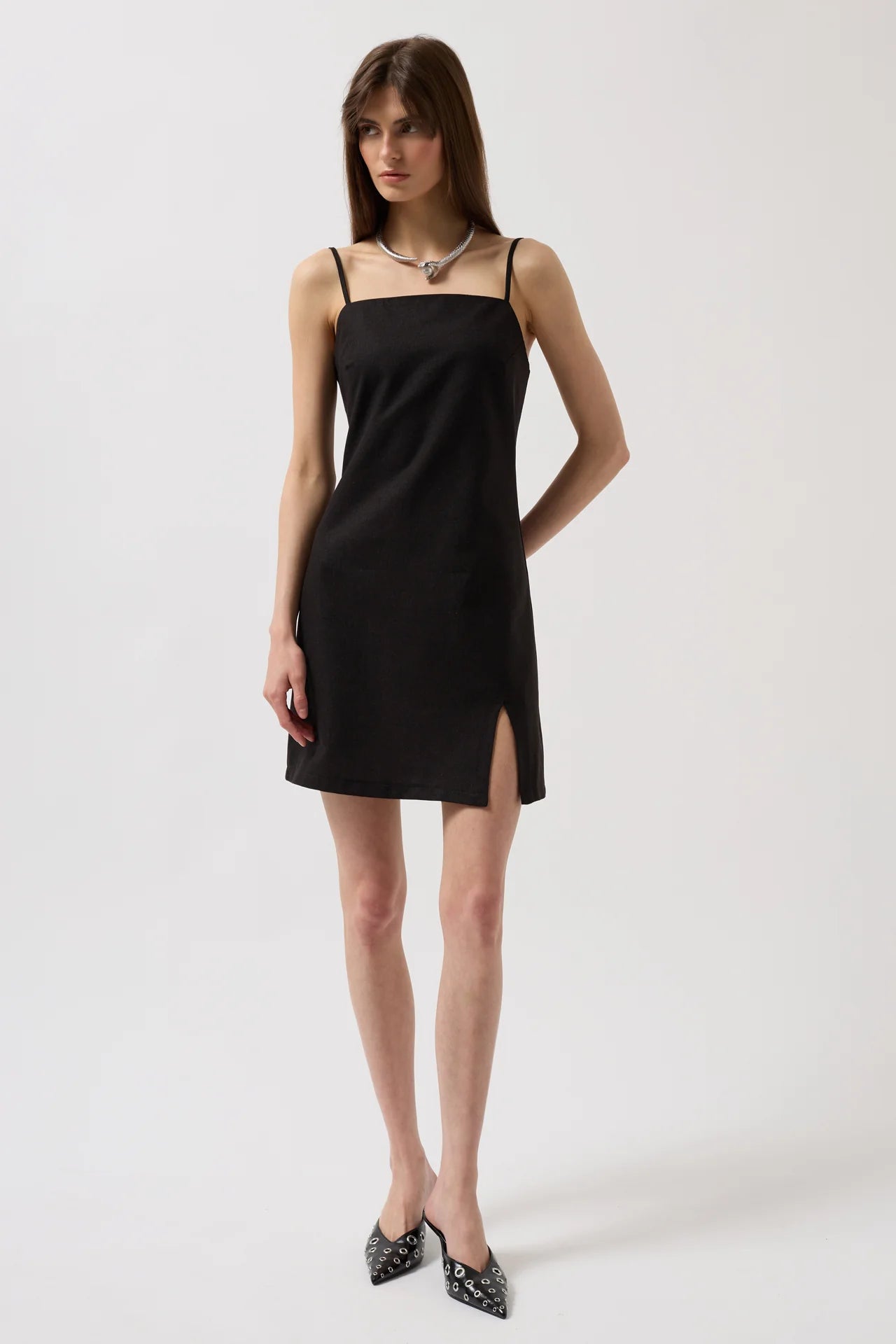 Slit Detailed Linen Mini Black Dress with Rope Straps