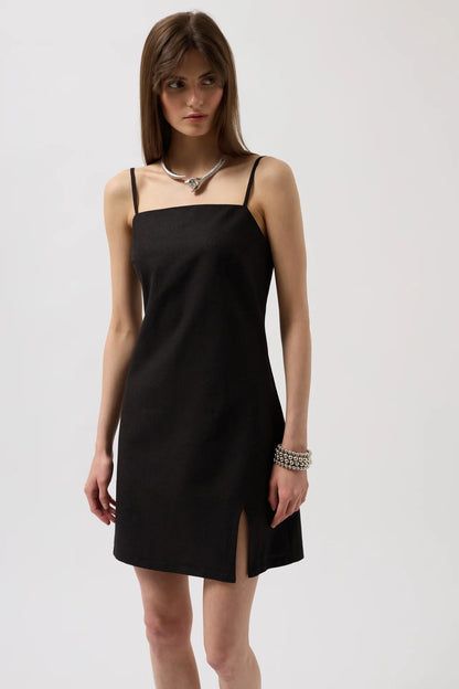 Slit Detailed Linen Mini Black Dress with Rope Straps