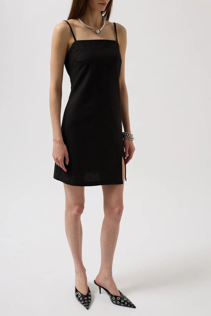 Slit Detailed Linen Mini Black Dress with Rope Straps