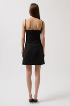 Spaghetti Strap Slit Detail Linen Mini Black Dress
