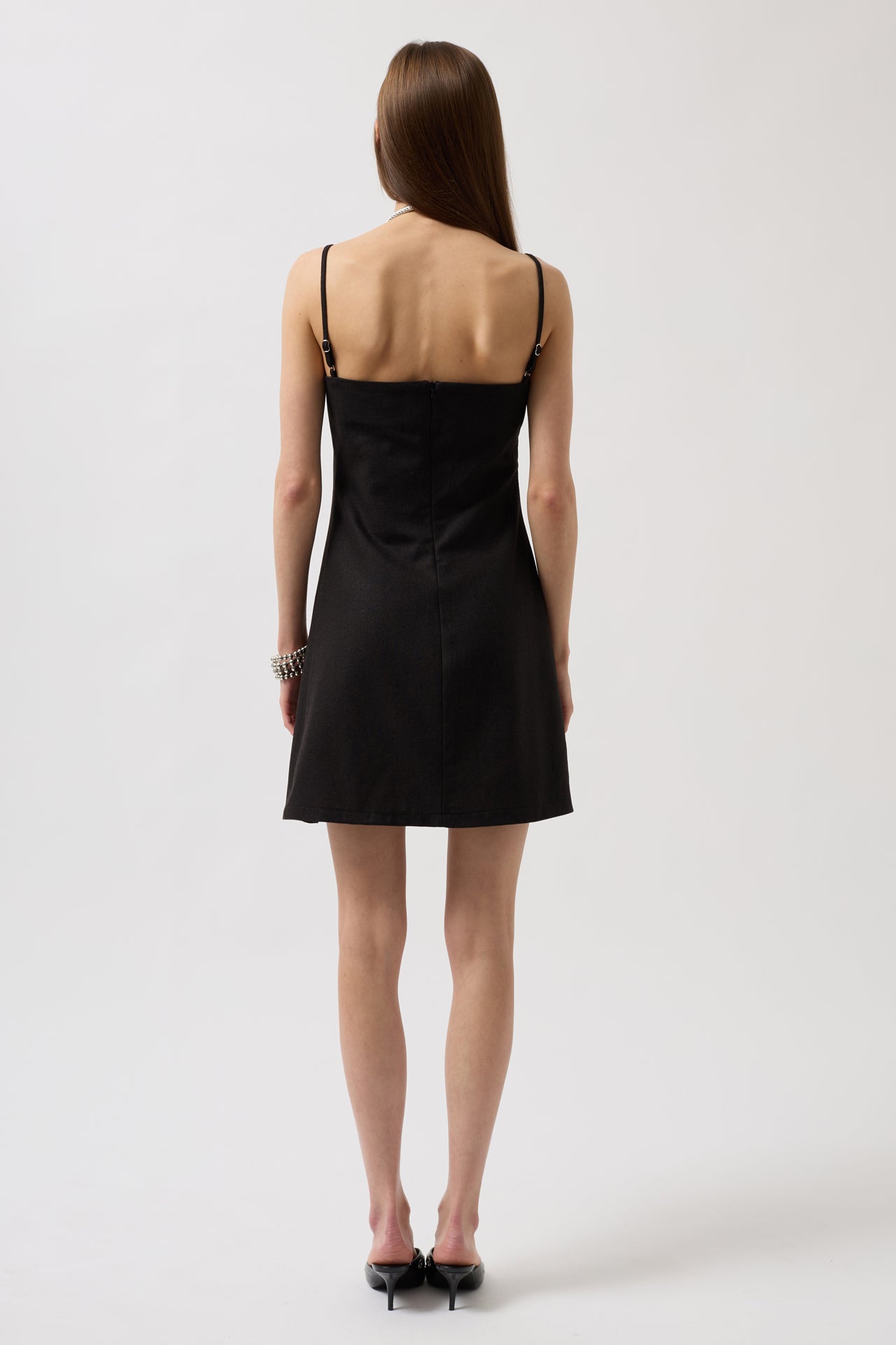 Spaghetti Strap Slit Detail Linen Mini Black Dress