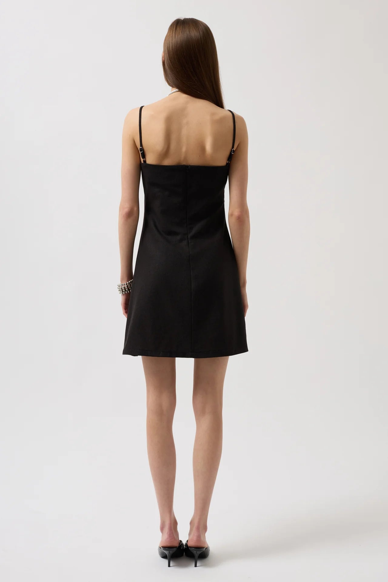 Slit Detailed Linen Mini Black Dress with Rope Straps