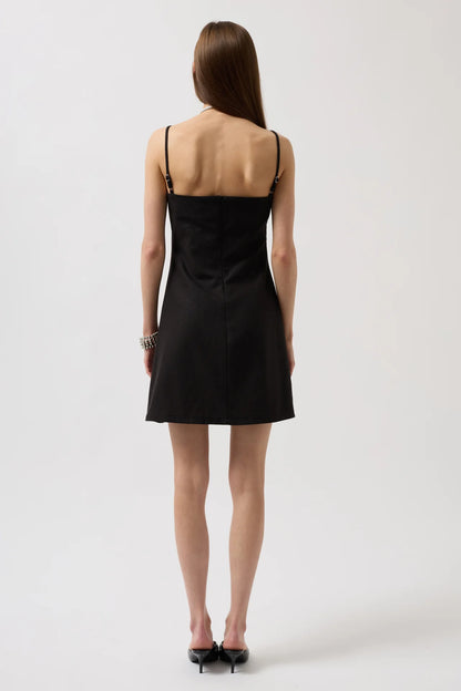 Slit Detailed Linen Mini Black Dress with Rope Straps