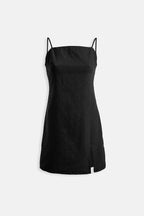 Spaghetti Strap Slit Detail Linen Mini Black Dress