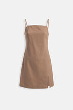 Spaghetti Strap Slit Detail Linen Mini Stone Dress