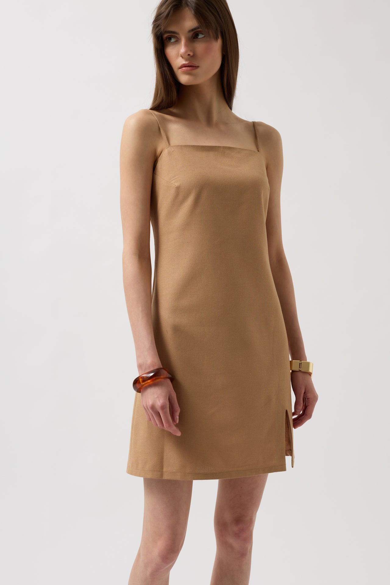 Spaghetti Strap Slit Detail Linen Mini Stone Dress