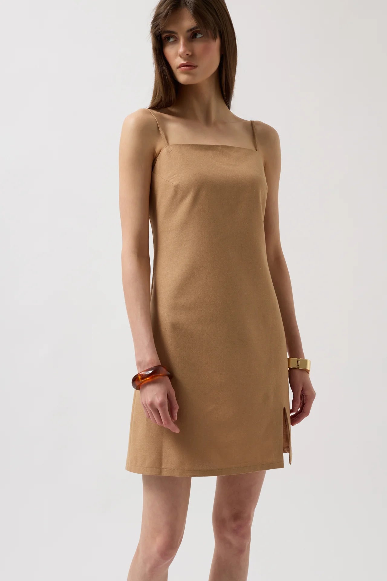 Slit Detail Linen Mini Stone Dress with Rope Straps