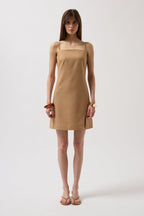 Spaghetti Strap Slit Detail Linen Mini Stone Dress