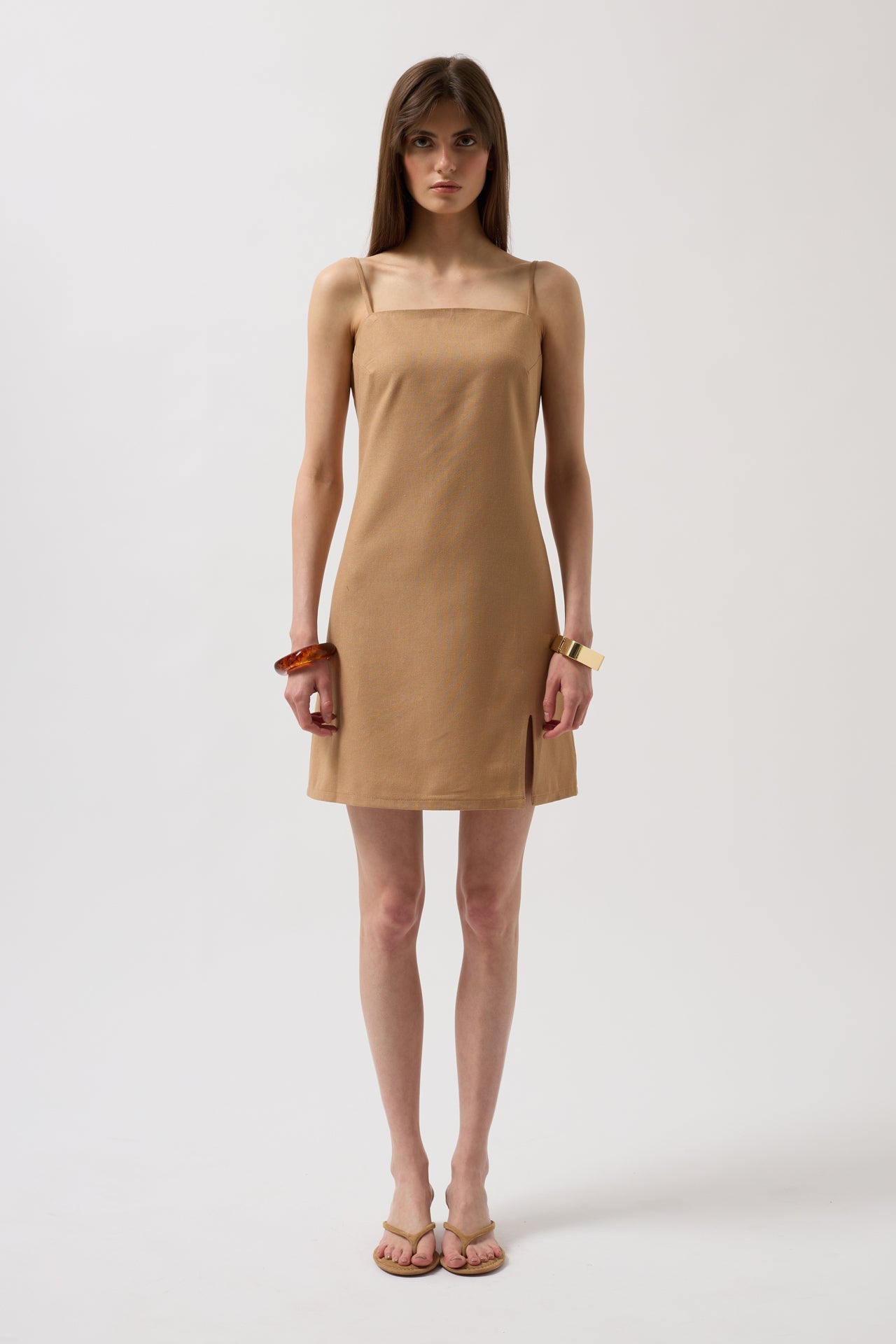 Spaghetti Strap Slit Detail Linen Mini Stone Dress