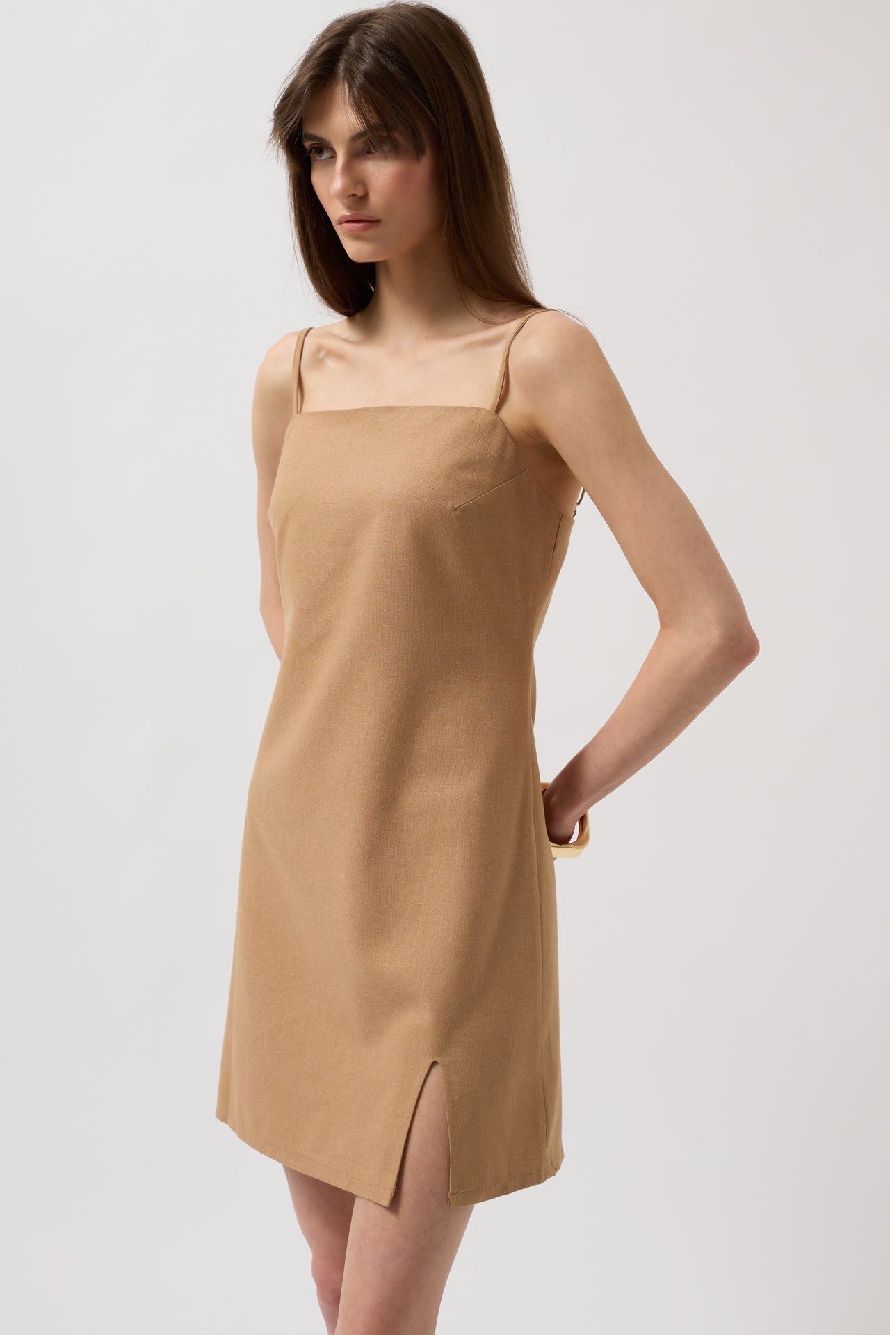 Spaghetti Strap Slit Detail Linen Mini Stone Dress
