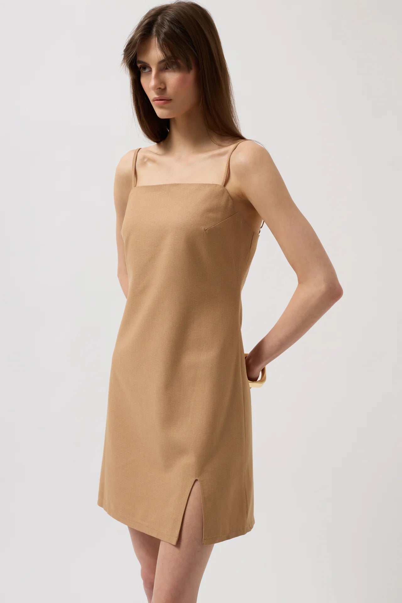 Slit Detail Linen Mini Stone Dress with Rope Straps