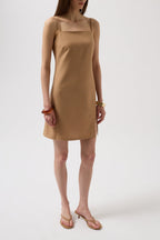 Spaghetti Strap Slit Detail Linen Mini Stone Dress