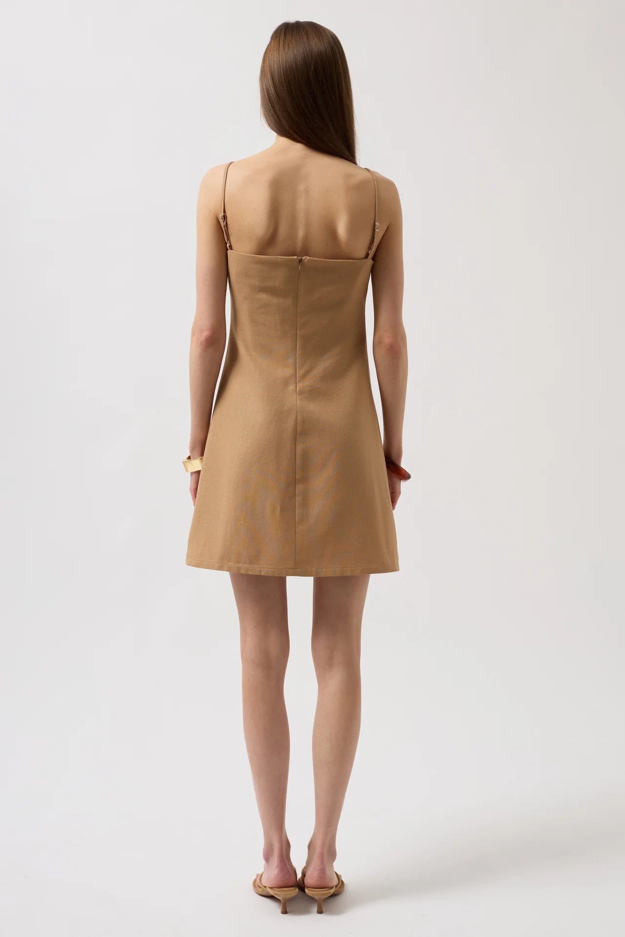 Slit Detail Linen Mini Stone Dress with Rope Straps