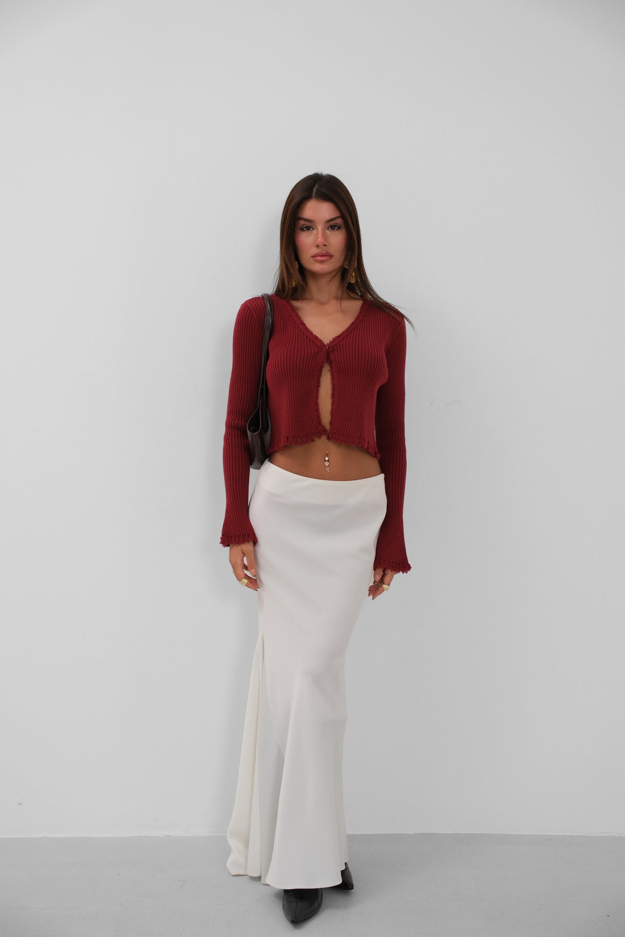 Flared Sleeve Distressed Detail Burgundy Cardigan