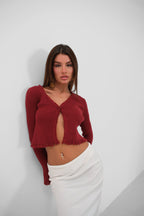 Flared Sleeve Distressed Detail Burgundy Cardigan