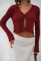 Flared Sleeve Distressed Detail Burgundy Cardigan