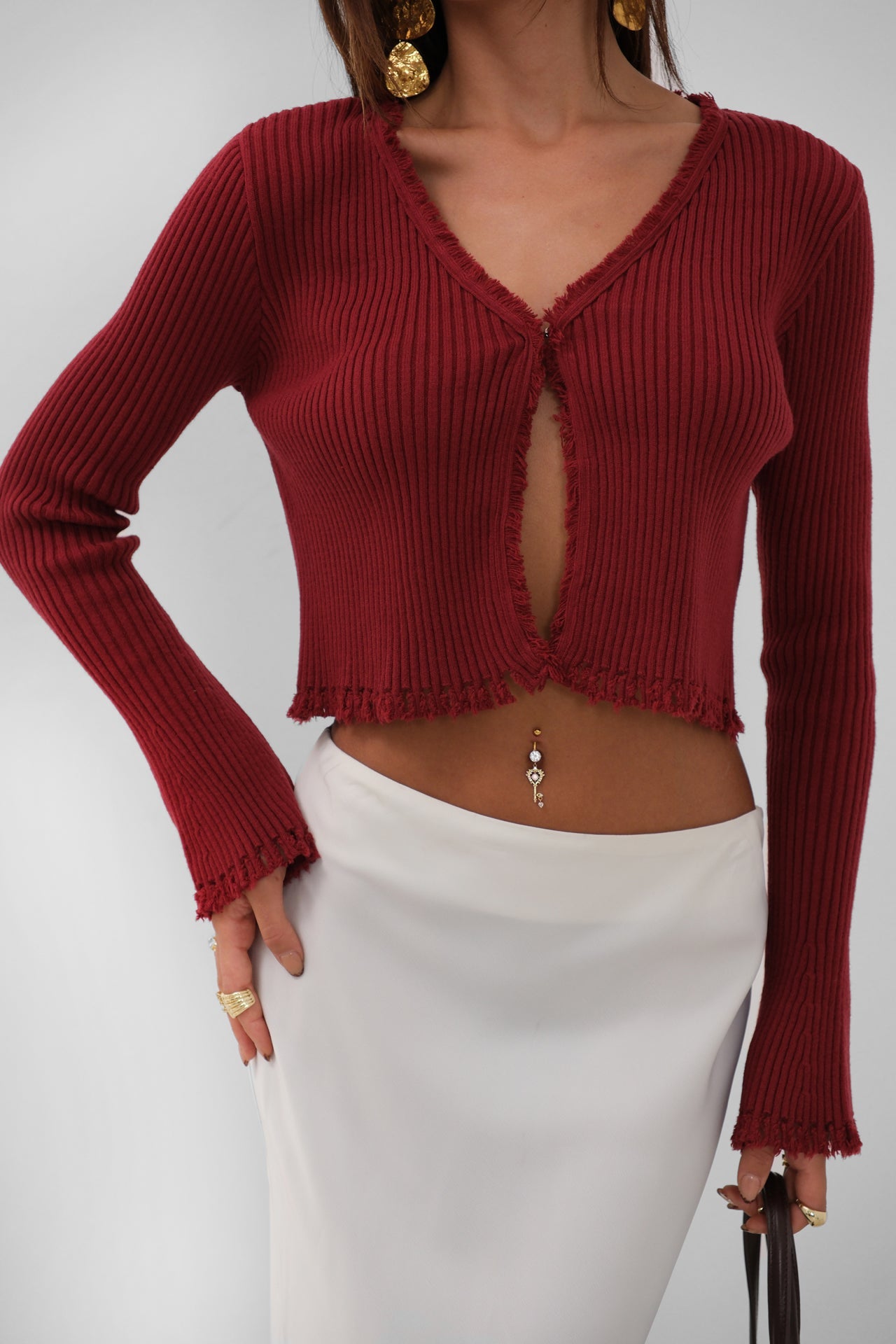 Flared Sleeve Distressed Detail Burgundy Cardigan
