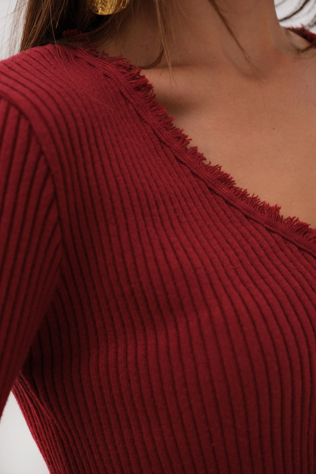 Flared Sleeve Distressed Detail Burgundy Cardigan