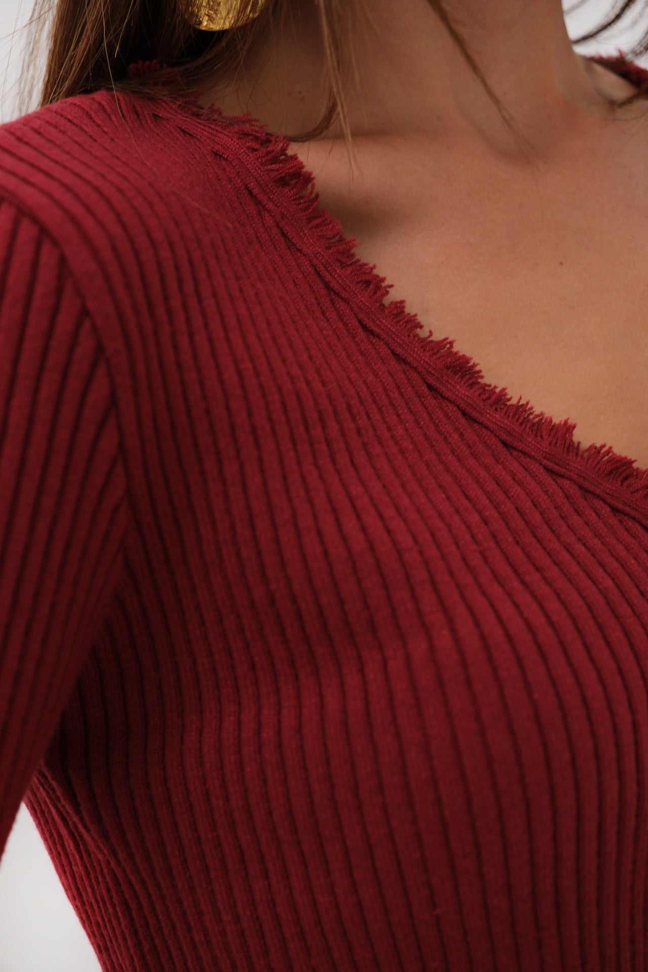 Flared Sleeve Distressed Detail Burgundy Cardigan