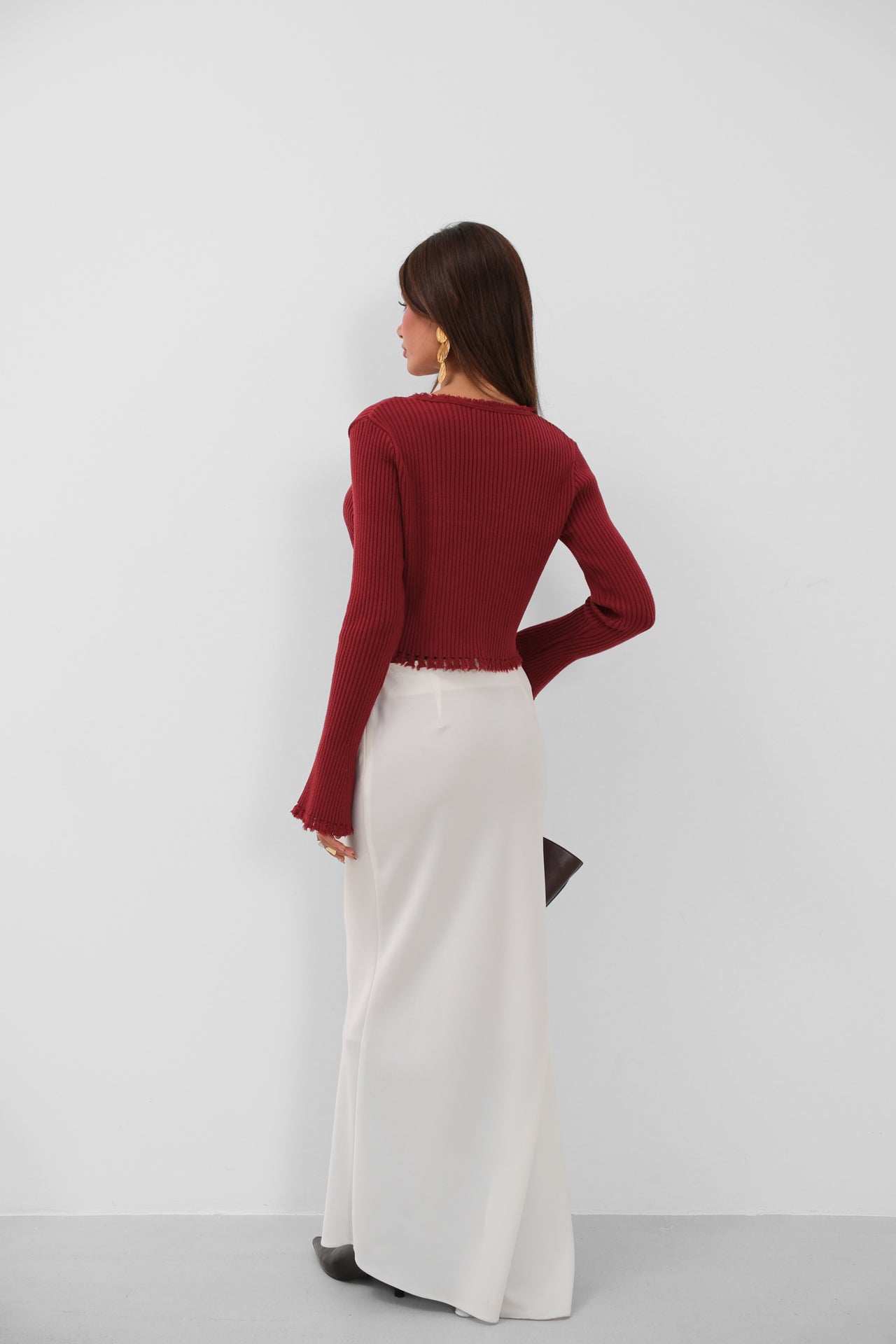 Flared Sleeve Distressed Detail Burgundy Cardigan
