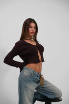 Flared Sleeve Yirtik Detail Brown Cardigan