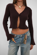Flared Sleeve Yirtik Detail Brown Cardigan