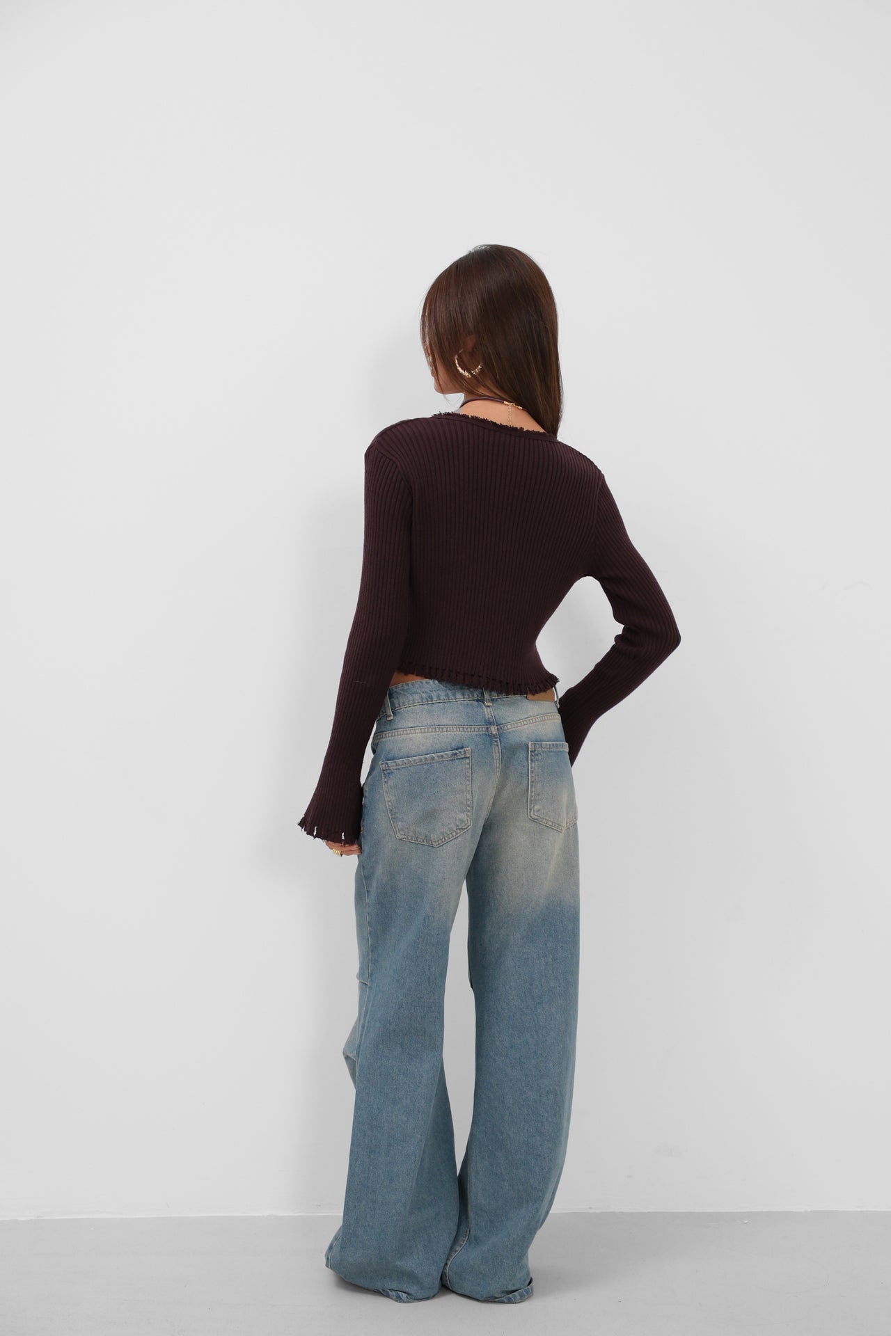 Flared Sleeve Yirtik Detail Brown Cardigan